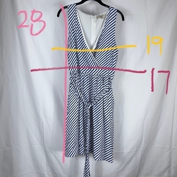 Loft Dress Above The Knee Stripe Belted Fit & Flare Wrap Dress V-Neck Sleeveless - Picture 3 of 8